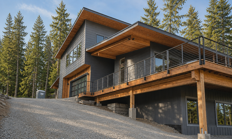 Modern two-story house with wood accents on a sloped gravel driveway among pine trees