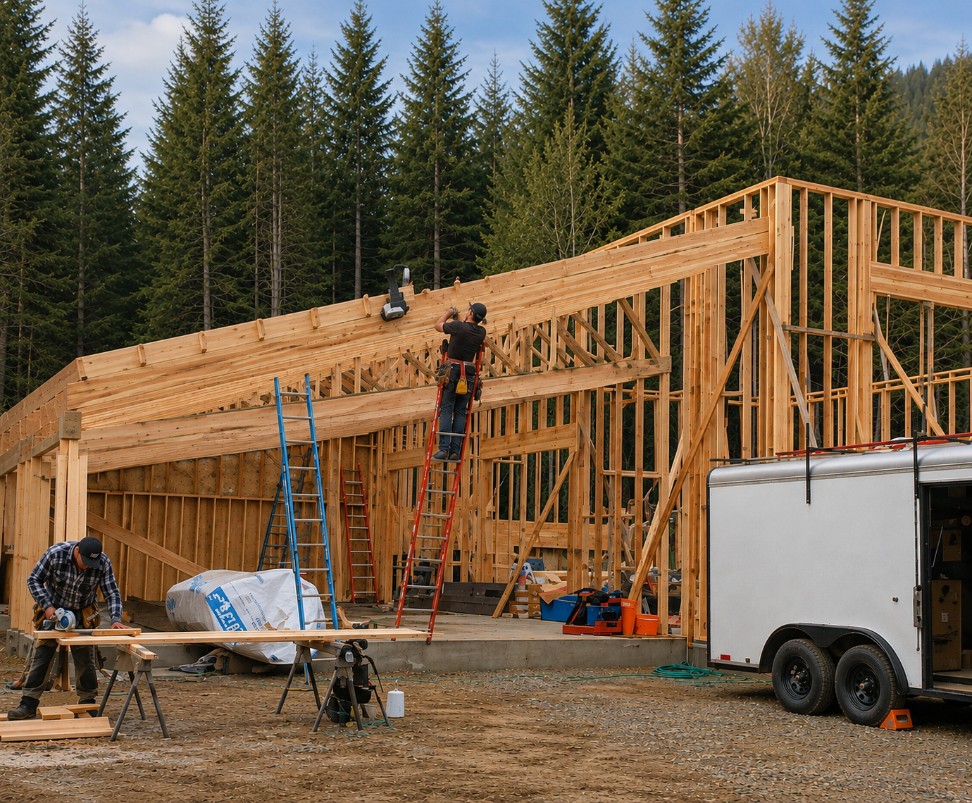 Construction workers framing a house with wood on a site beside a white trailer and ladders.