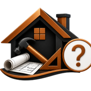 House icon with hammer, blueprint, and question mark, suggesting home repair or construction uncertainty
