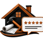 House renovation icon with hammer, rolled blueprint, and 5-star review speech bubble