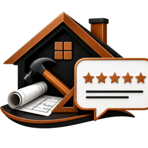 House renovation icon with hammer, rolled blueprint, and 5-star review speech bubble