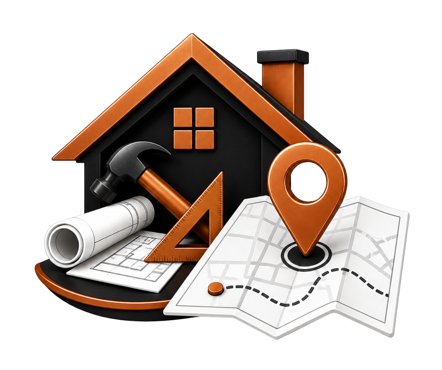 Orange house with drafting tools and a map pin on a folded map, suggesting home planning or real estate