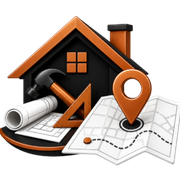 House icon with blueprint, hammer, ruler, and location pin over a map, suggesting home construction or real estate navigation