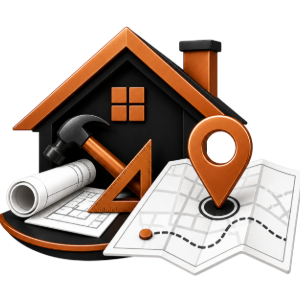 House icon with blueprint, hammer, ruler, and location pin over a map, suggesting home construction or real estate navigation