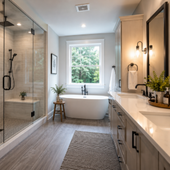 Modern bathroom with glass shower, freestanding tub, vanity, and large window with greenery view