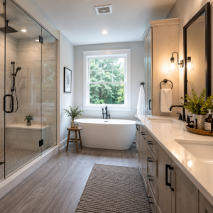 Modern bathroom with glass shower, freestanding tub, vanity, and large window with greenery view
