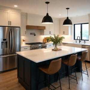 Modern kitchen with stainless steel appliances, white island, black pendant lights, and brown bar stools.