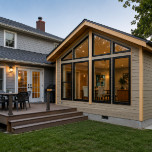 Backyard patio with a modern glass sunroom addition and wooden deck steps at dusk