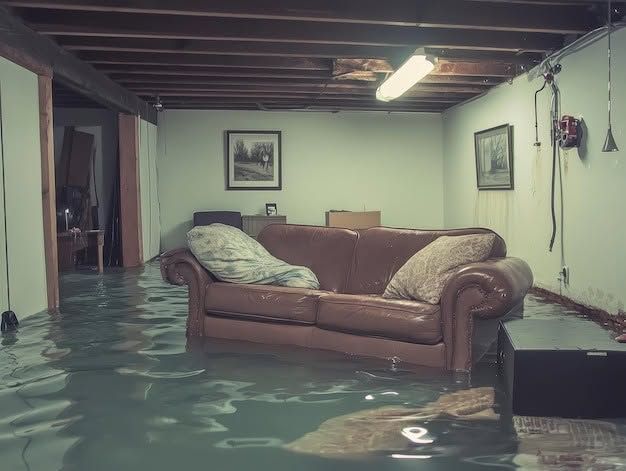 Flooded living room with a brown couch partly submerged in murky water