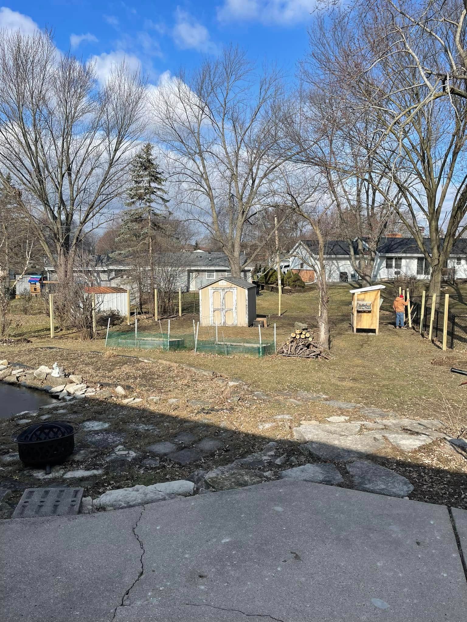 Backyard with leafless trees, small sheds, and scattered yard items under a blue sky