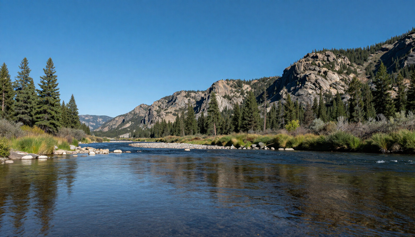 A calm and beautiful stretch of the Salmon River in Idaho under a bright blue sky.