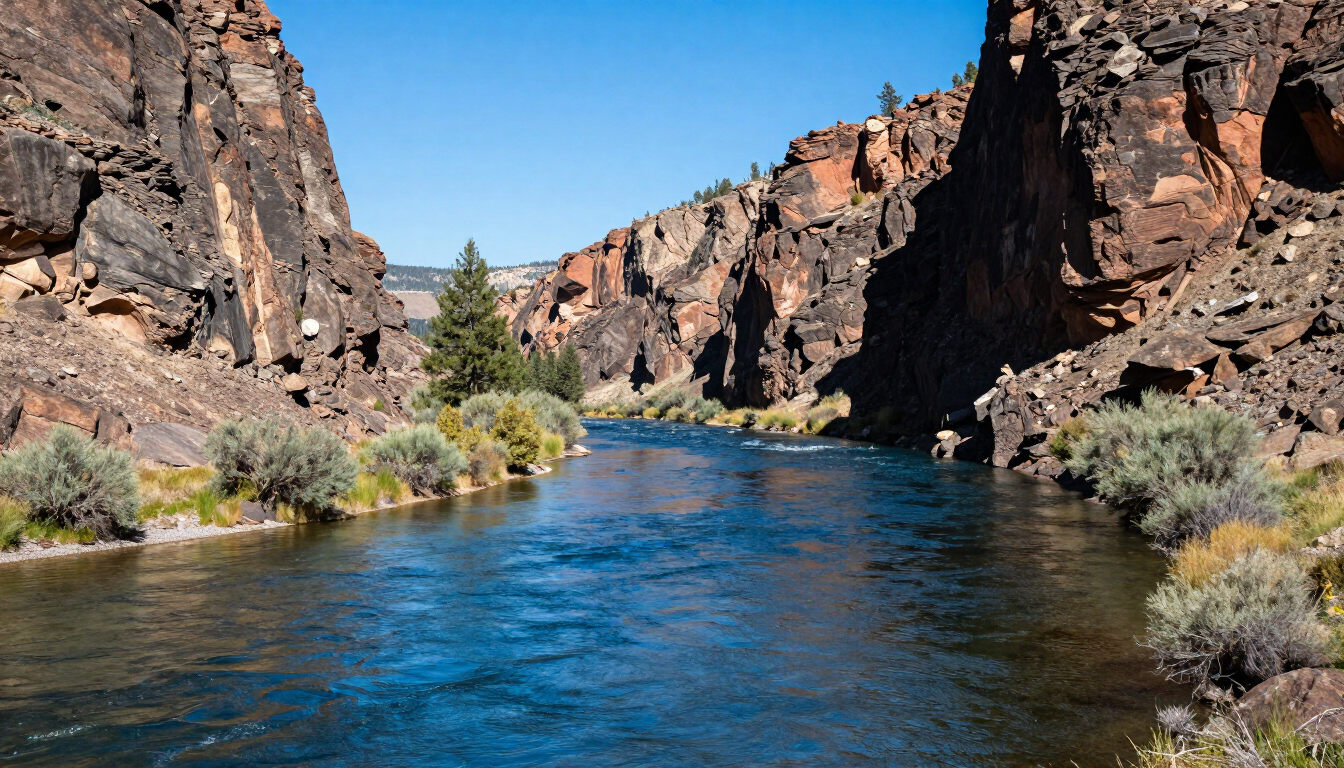 A peaceful view of the Salmon River winding through Idaho mountains.