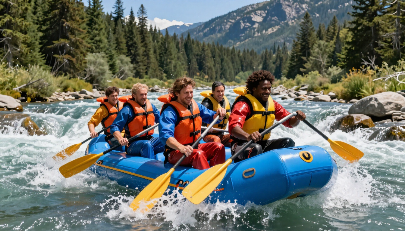A complete rafting gear set including a fleece jacket, rain shell, and sunglasses ready for an Idaho adventure.