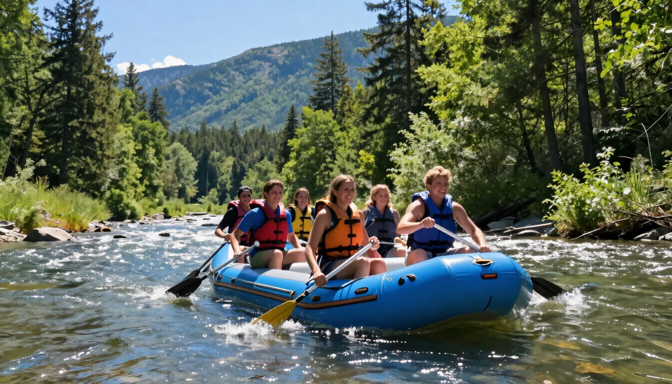 Group enjoying a Salmon River rafting trip in Idaho.