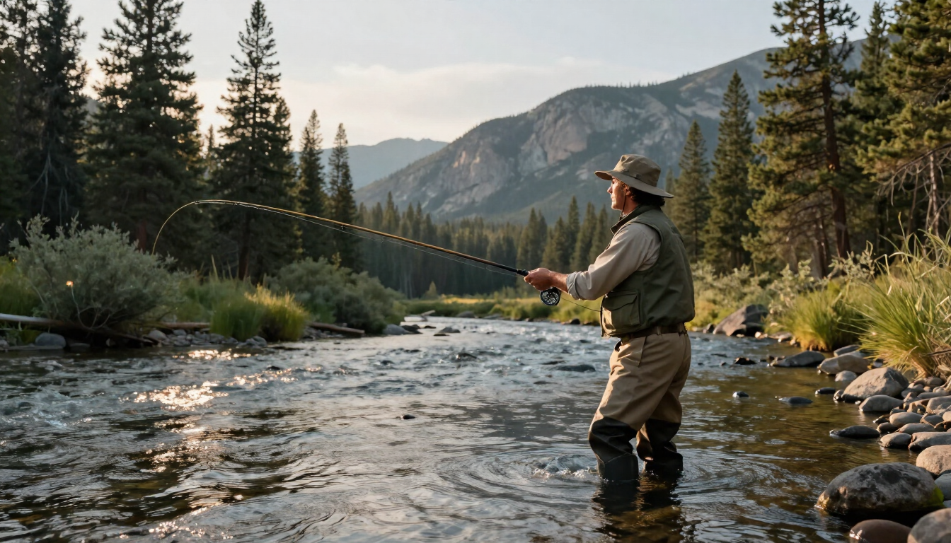 A fly fisherman casting a line on the scenic Salmon River in Idaho.