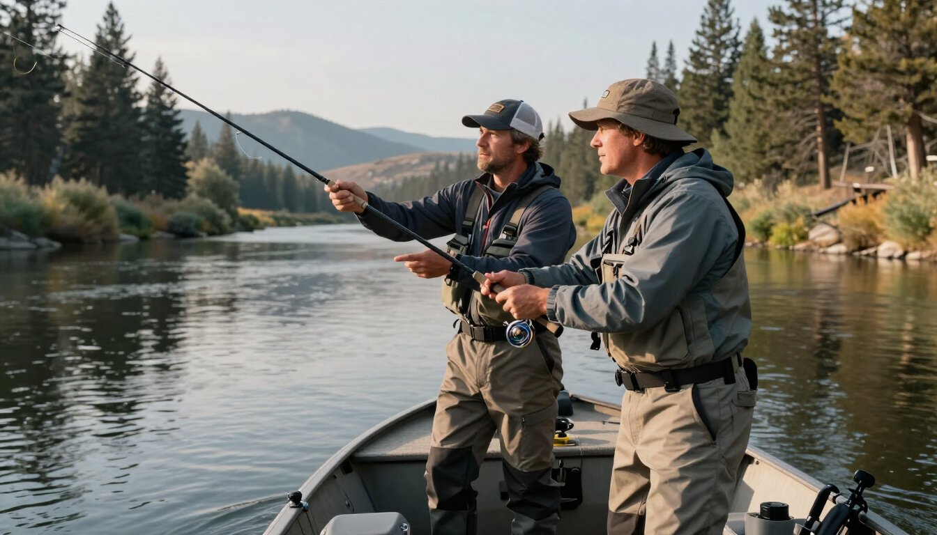 Guide teaching an angler how to cast during a guided steelhead fishing trip