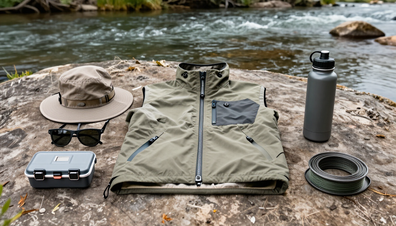 Outdoor fishing layers, sunglasses with strap, hat, and water bottle prepared for a Salmon River trip