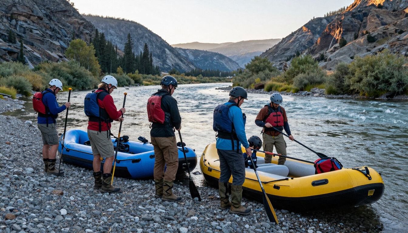 Photorealistic rafters preparing for a Main Salmon rafting trip in Idaho