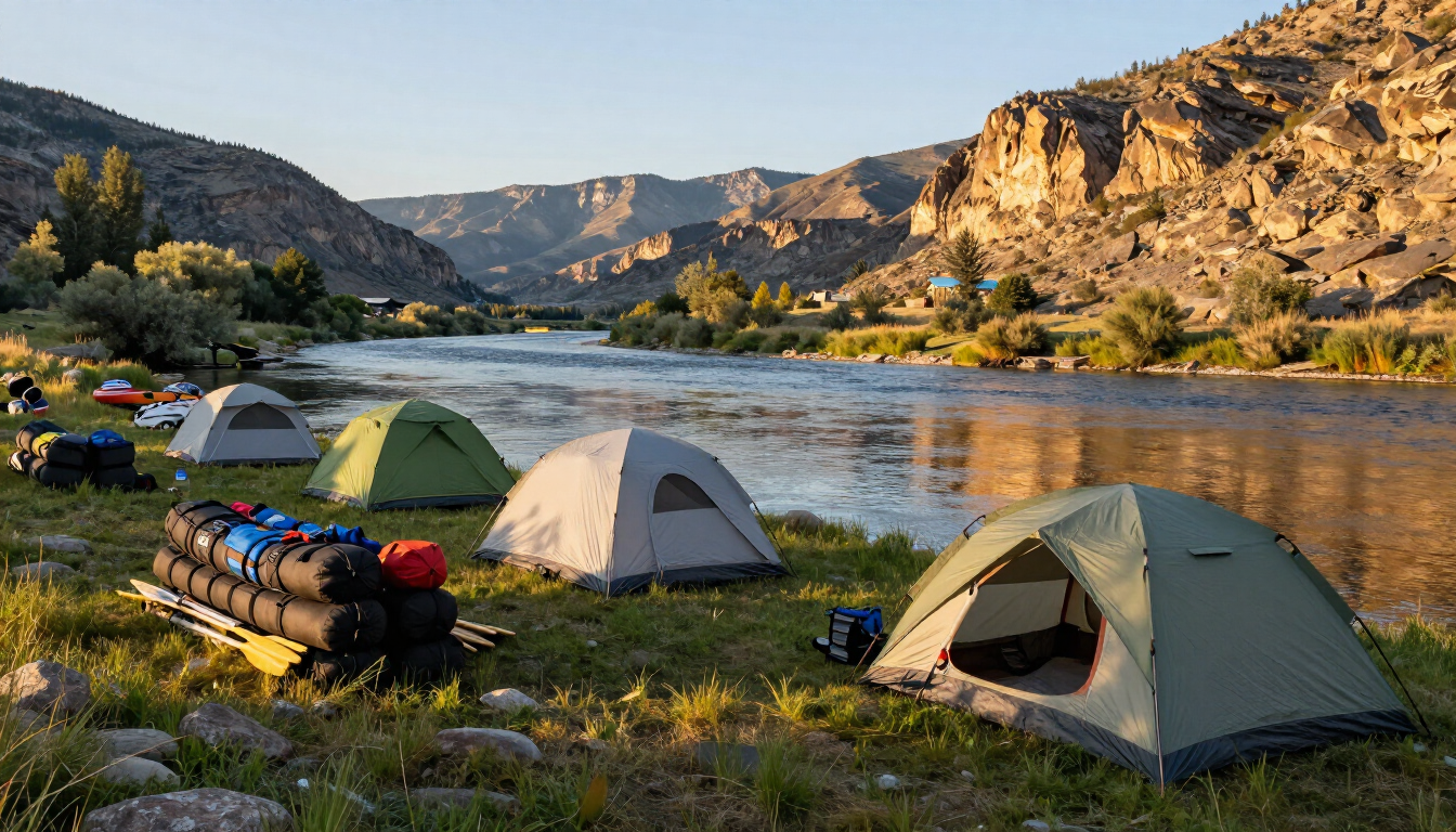 Photorealistic riverside camp scene from a multi-day Idaho rafting adventure with tents and gear