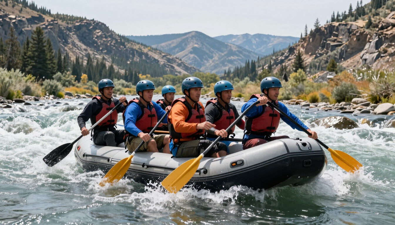 Photorealistic guided rafting group enjoying an Idaho river expedition with helmets and paddles