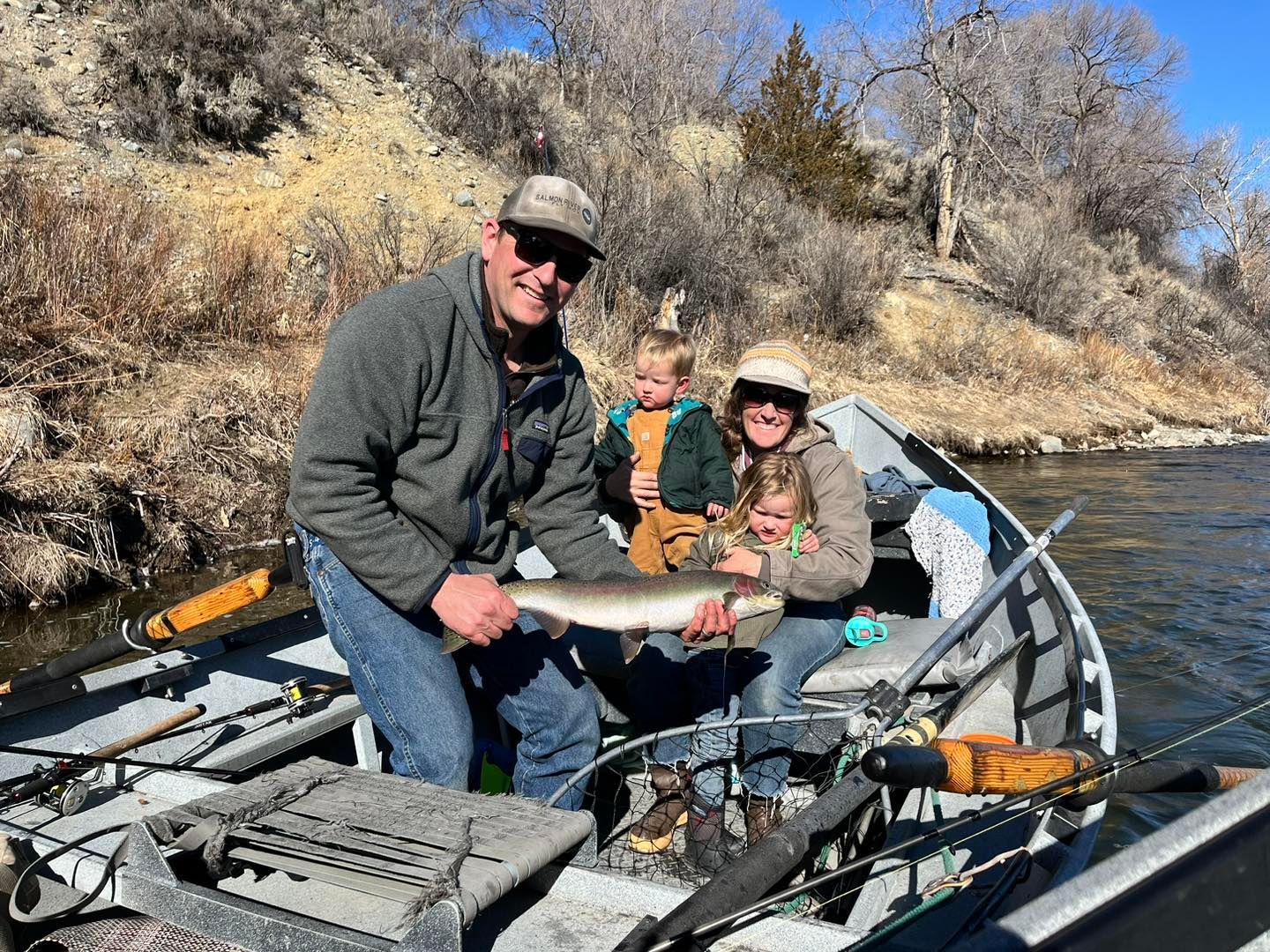 A drift boat fishing on the Salmon River in Idaho.
