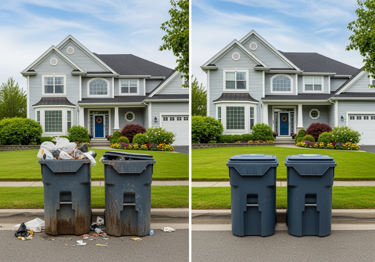 Professional trash can cleaning service using high-pressure hot water equipment to sanitize resident