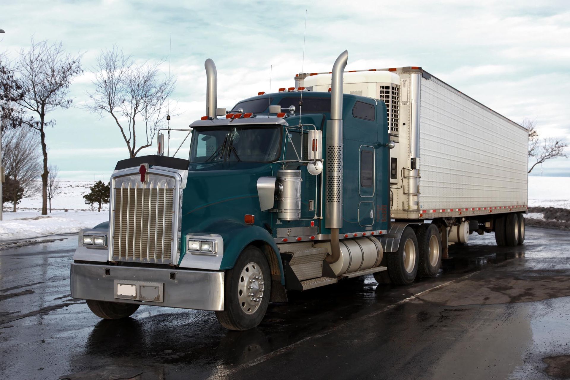 Blue semi-truck with white trailer parked on a wet, snowy roadside