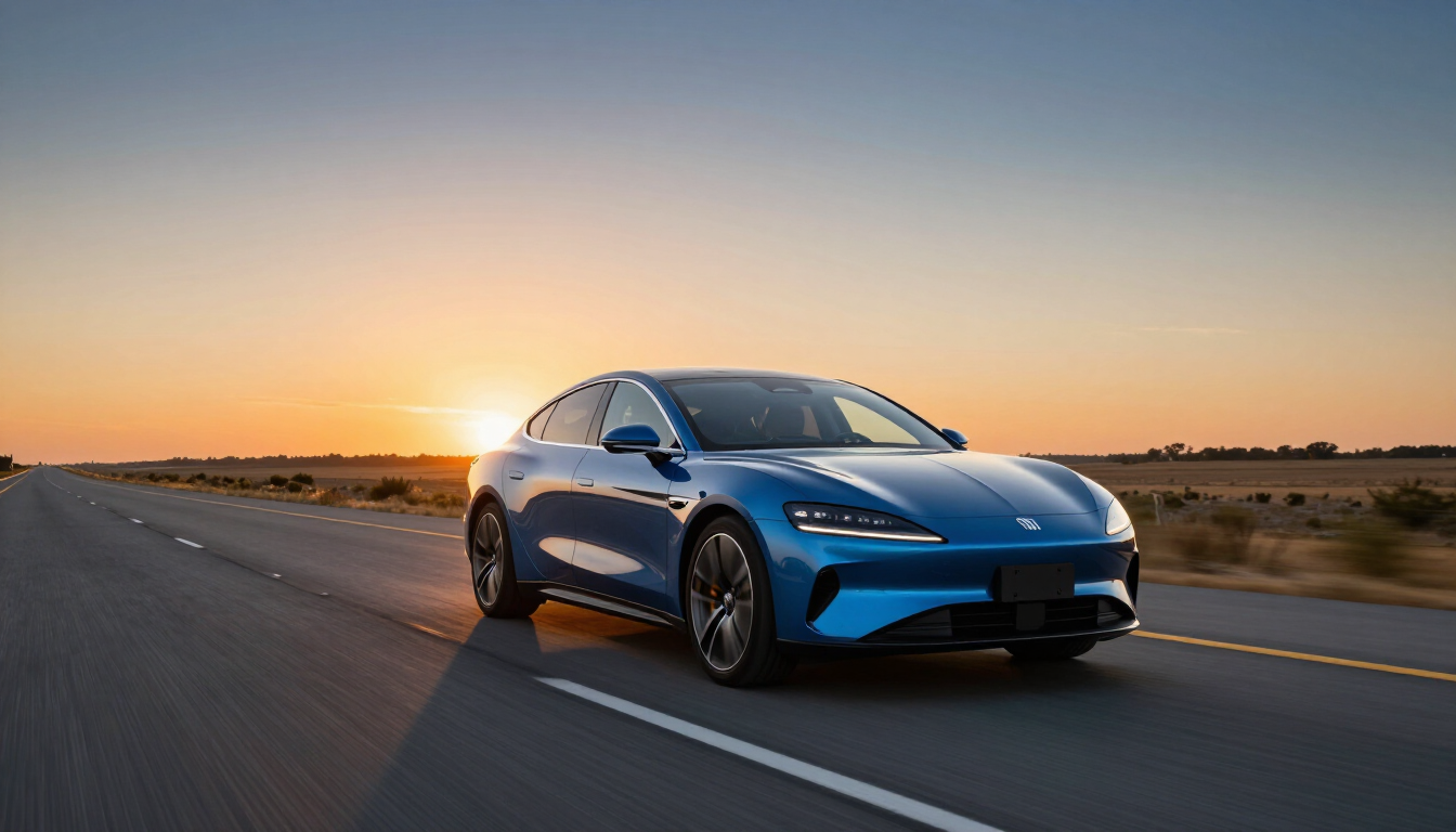 A sleek car driving through the Oklahoma landscape during a golden hour sunset.