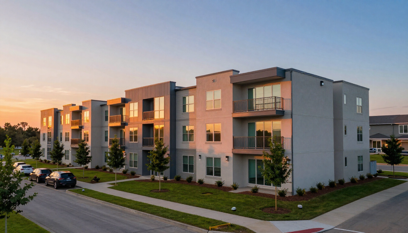 Modern multi-family residential building in Oklahoma at sunset representing commercial real estate.