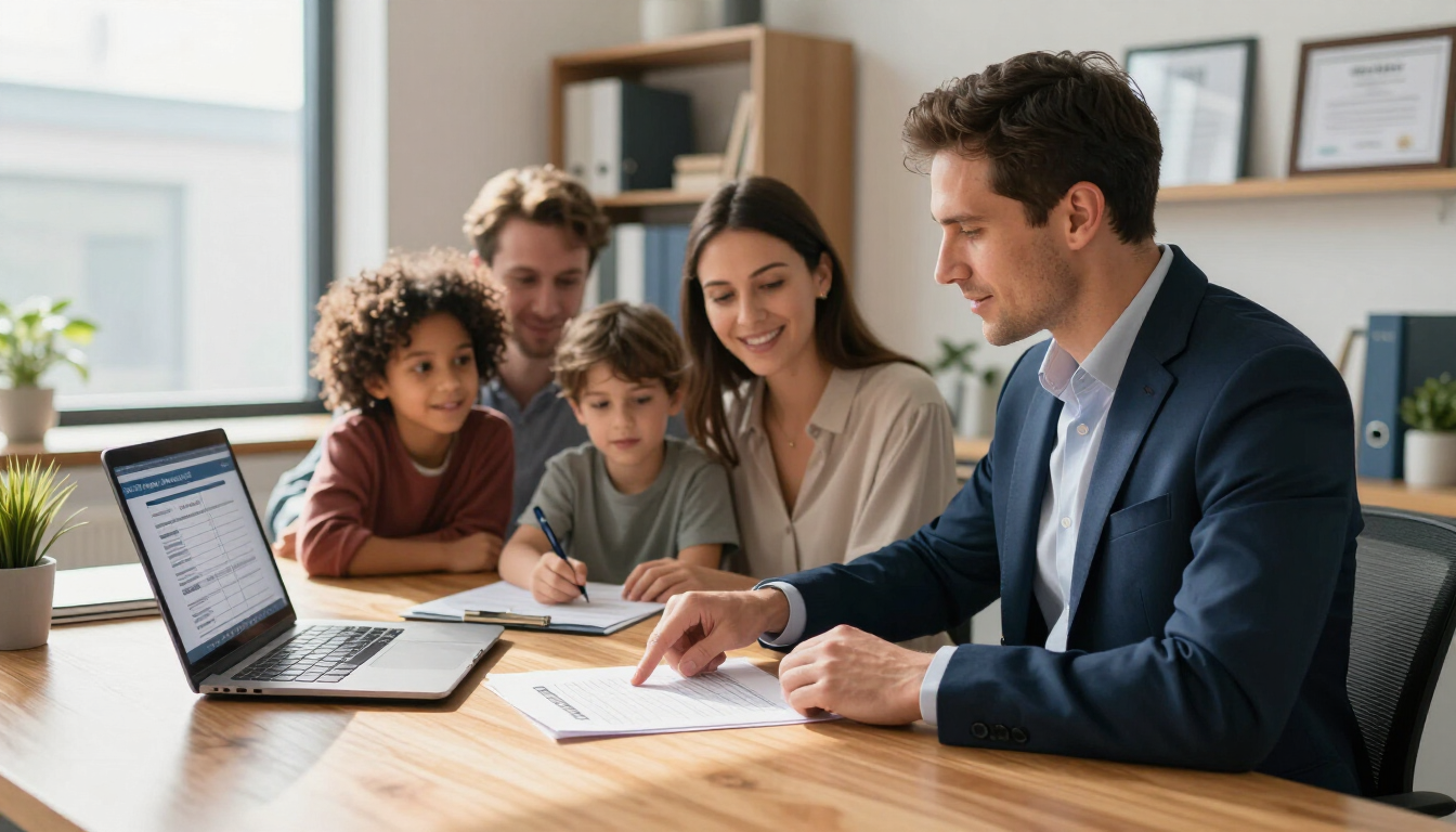 Photorealistic Oklahoma insurance advisor comparing several policy options with a family at a desk, paperwork and laptop visible, bright natural office lighting, professional editorial photography