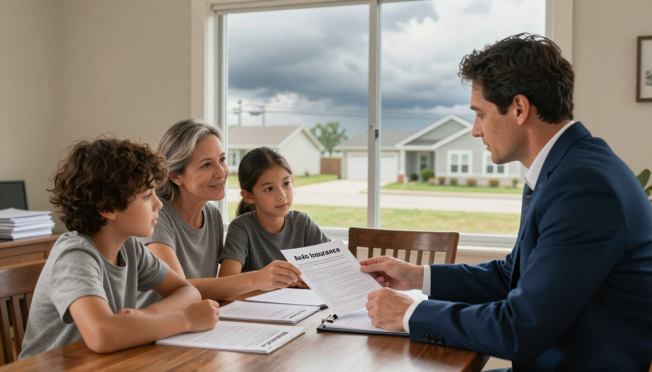 Photorealistic Oklahoma family reviewing home and auto insurance documents with an advisor, storm-safe neighborhood visible through the window, calm trustworthy atmosphere, high-detail lifestyle photography
