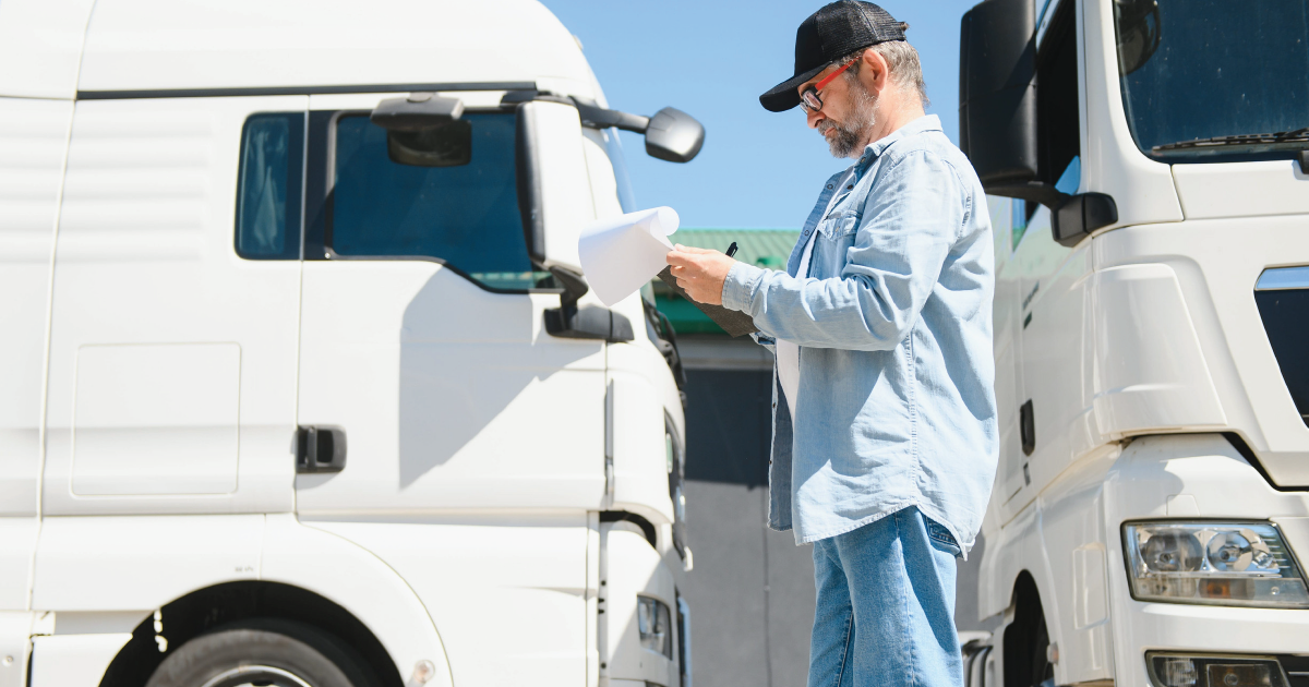 Delivery worker checking paperwork beside white trucks