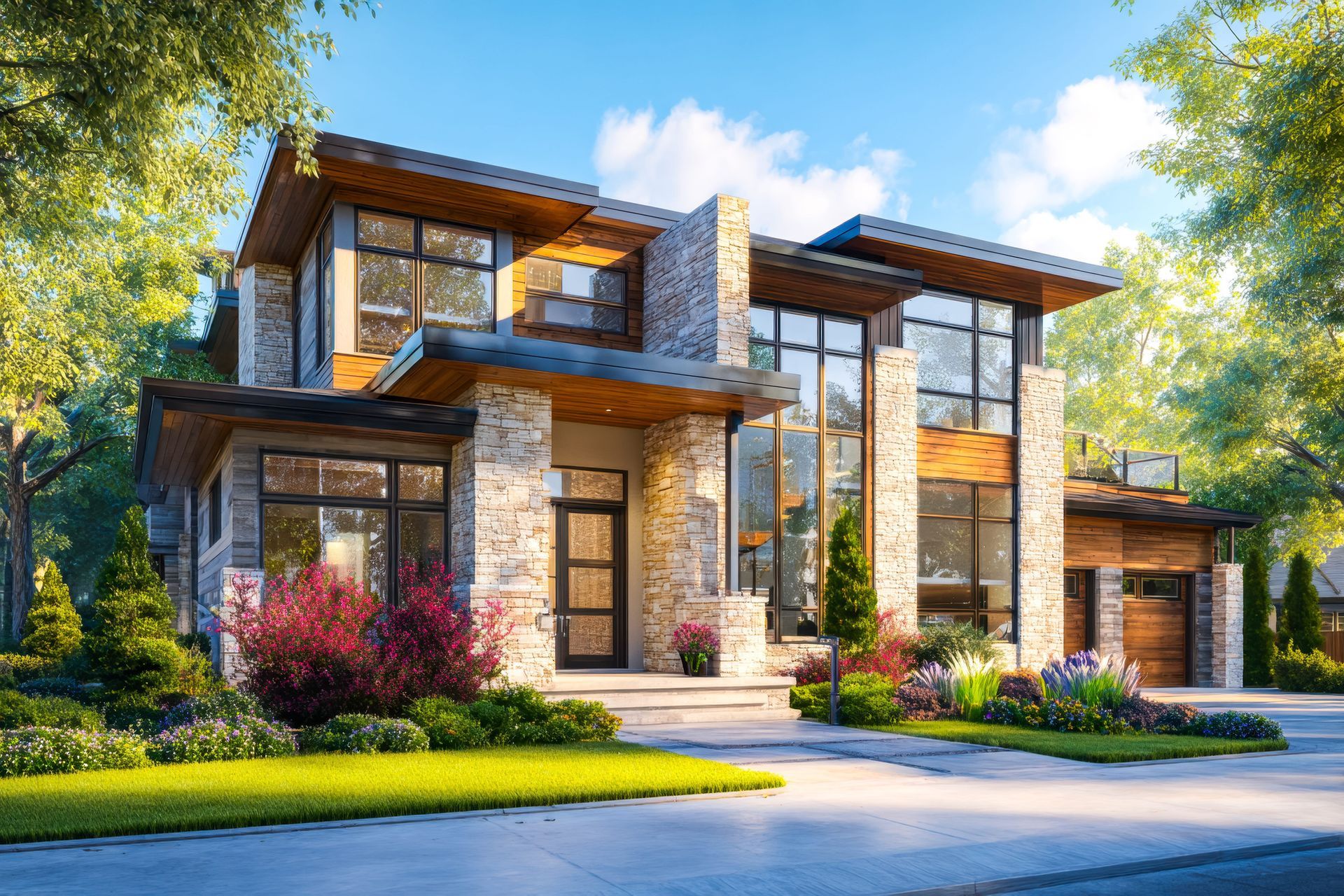 Modern two-story house with stone and wood exterior, large windows, and landscaped front yard
