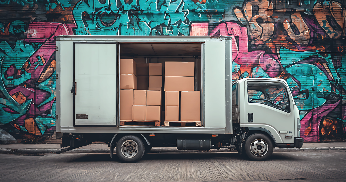 A delivery truck with open doors showing cardboard boxes, parked against a colorful graffiti wall.