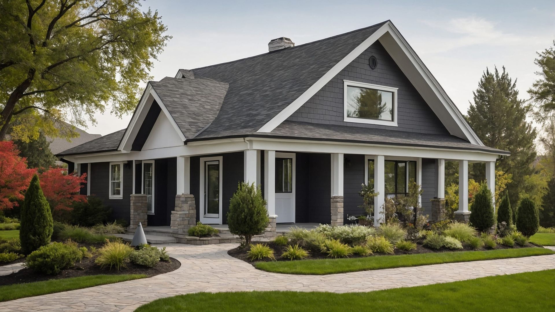 Gray house with white trim, front porch, manicured shrubs, and curved driveway in a leafy suburban yard