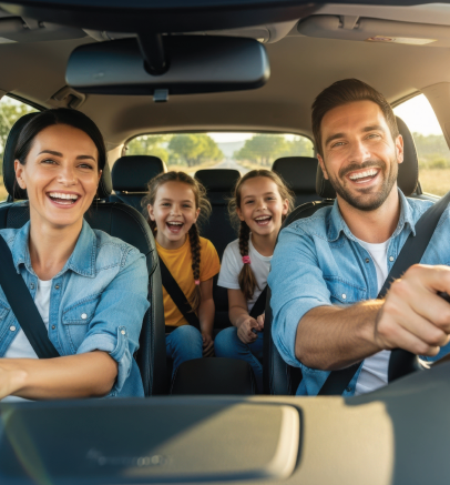 Smiling family driving in a car, with two children in the back seat and sunlight through the windshield