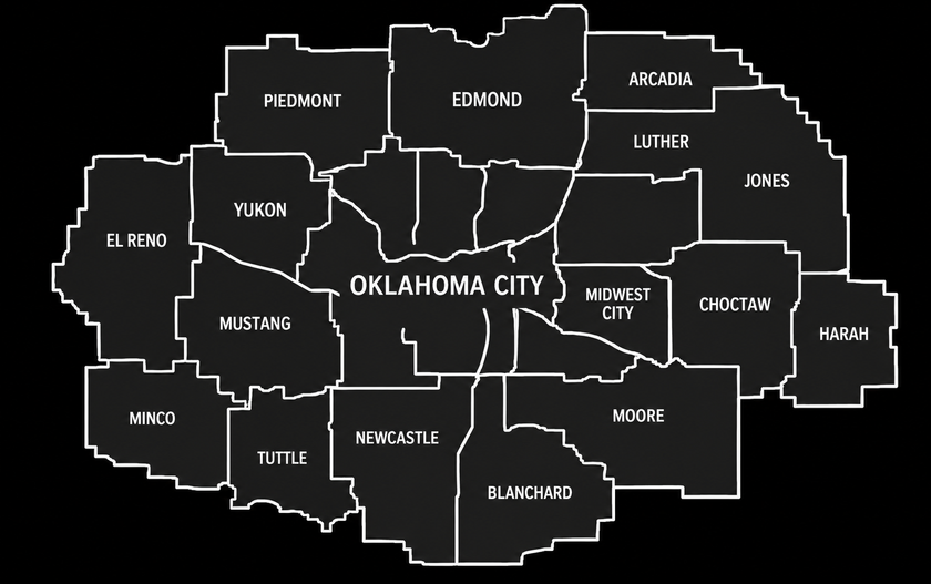 Oklahoma City ward map with shaded districts in black and gray, labeled neighborhood areas.