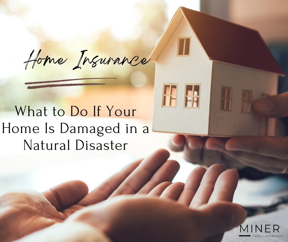 Home insurance graphic with hands holding a house and text about damage from a natural disaster