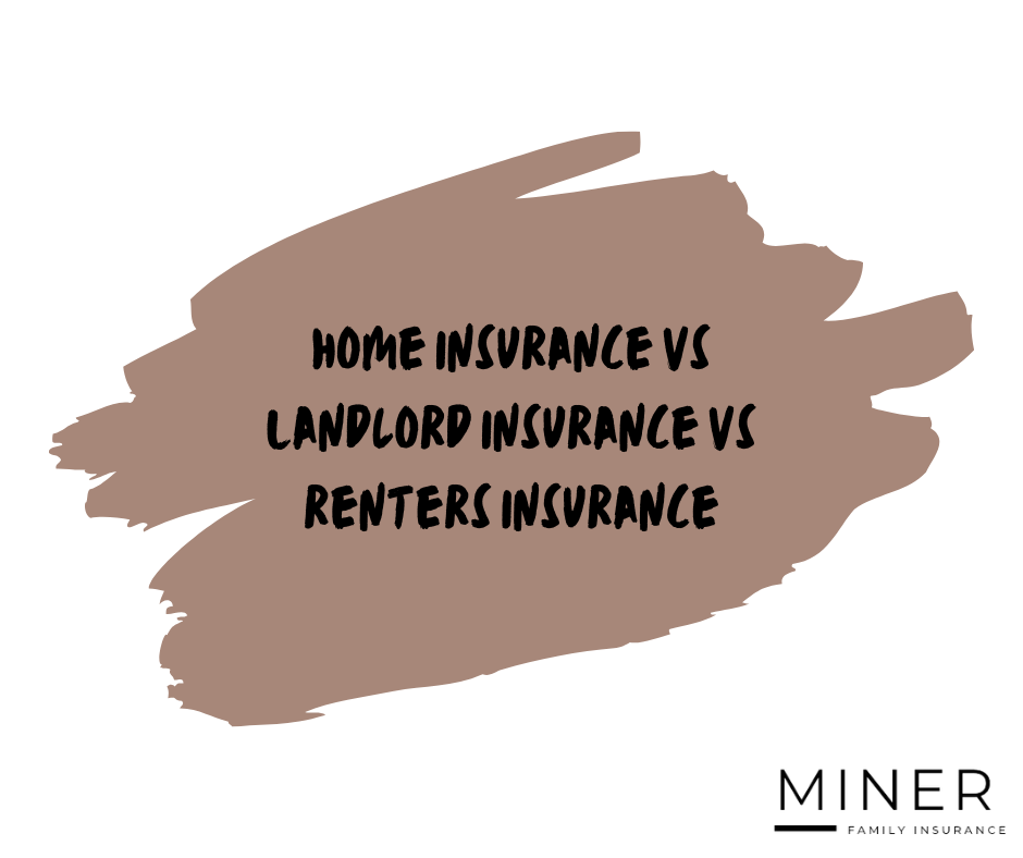 Text on beige brushstroke: “Home insurance vs landlord insurance vs renters insurance”; MINER logo below right.