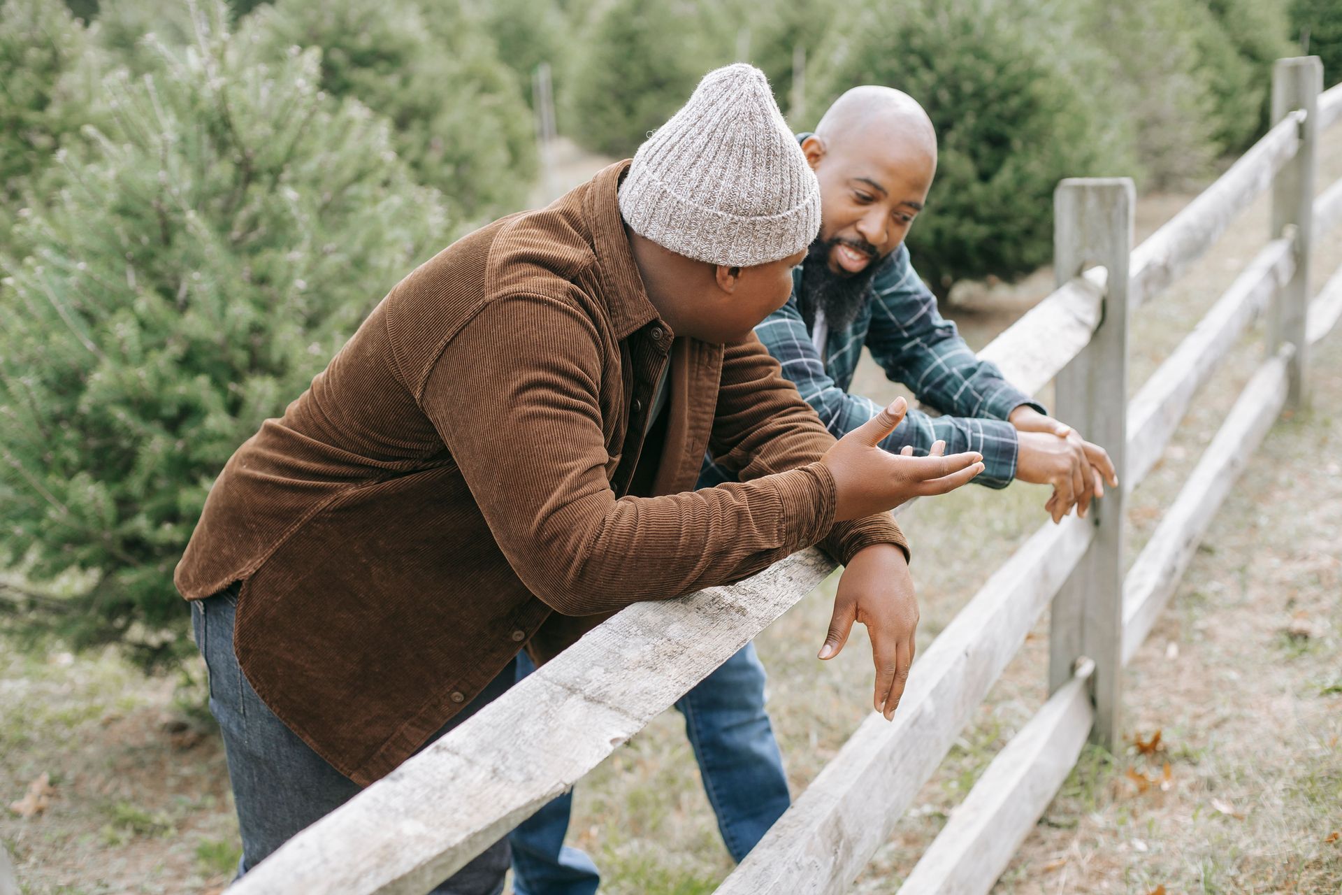Neighbors talking over a fence about why their home insurance rates differ