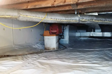 a clean, dry crawl space with a white vapor barrier covering the ground and walls.