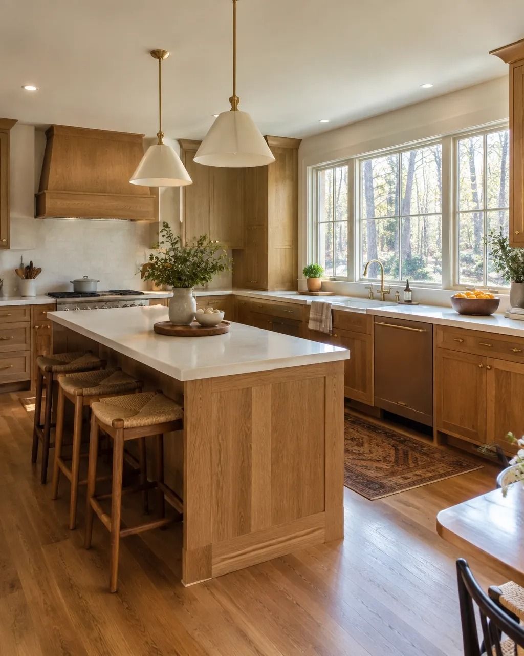 Warm wooden kitchen with island, pendant lights, and large sunlit windows