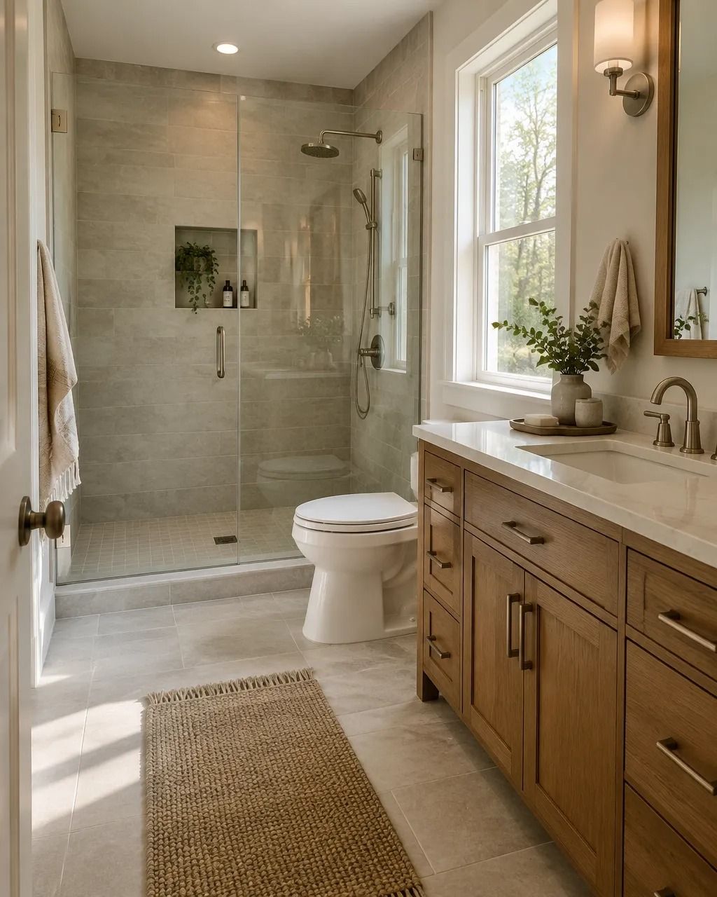 Modern bathroom with glass shower, wooden vanity, and window