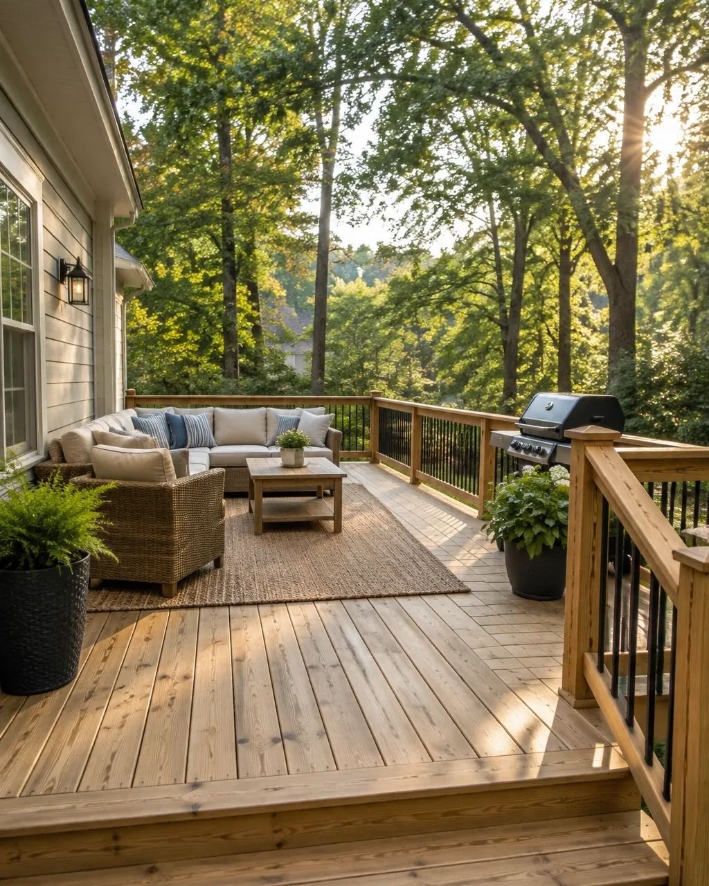 Wooden deck with wicker seating, outdoor rug, grill, and trees overlooking a wooded view