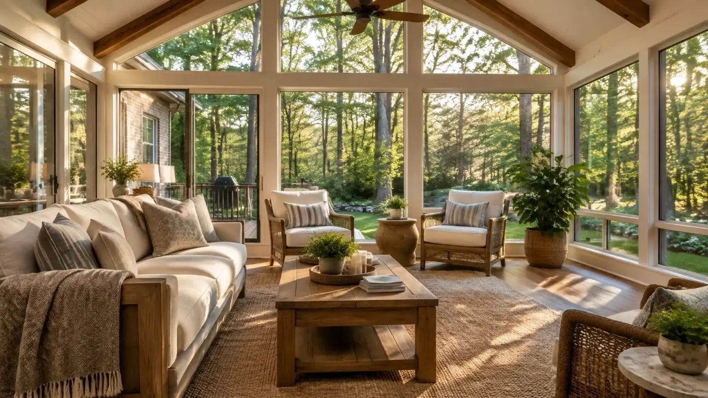 Sunlit living room with large windows, beige sofas, a wooden coffee table, and indoor plants