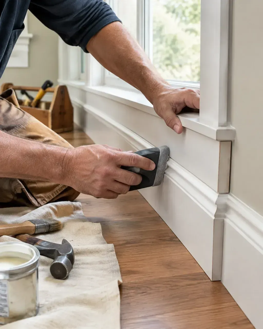 Person sanding white wall trim beside a window with hand tools on the floor nearby