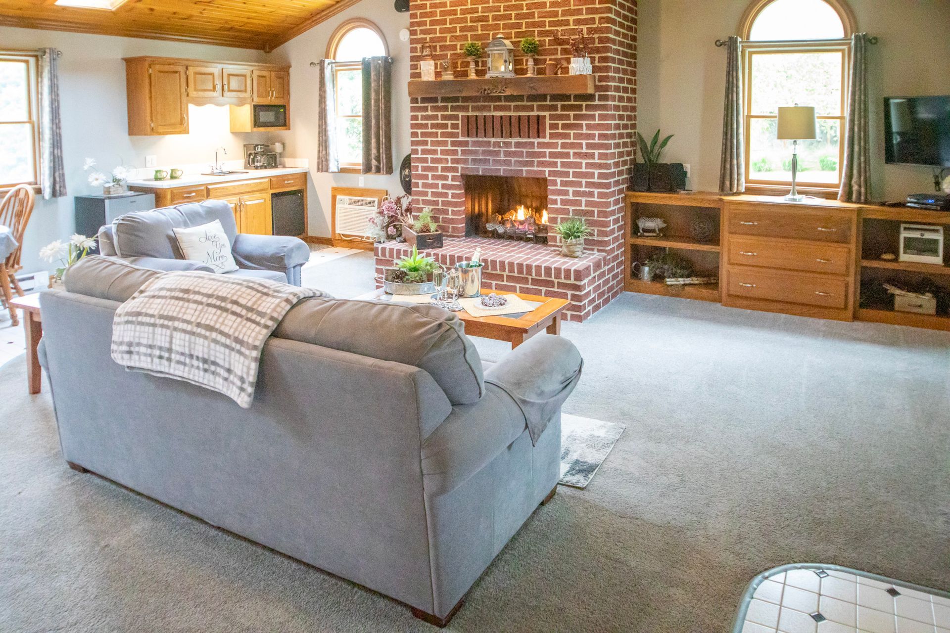 Cozy living room with fireplace, gray sofa, wooden cabinetry, and two arched windows.