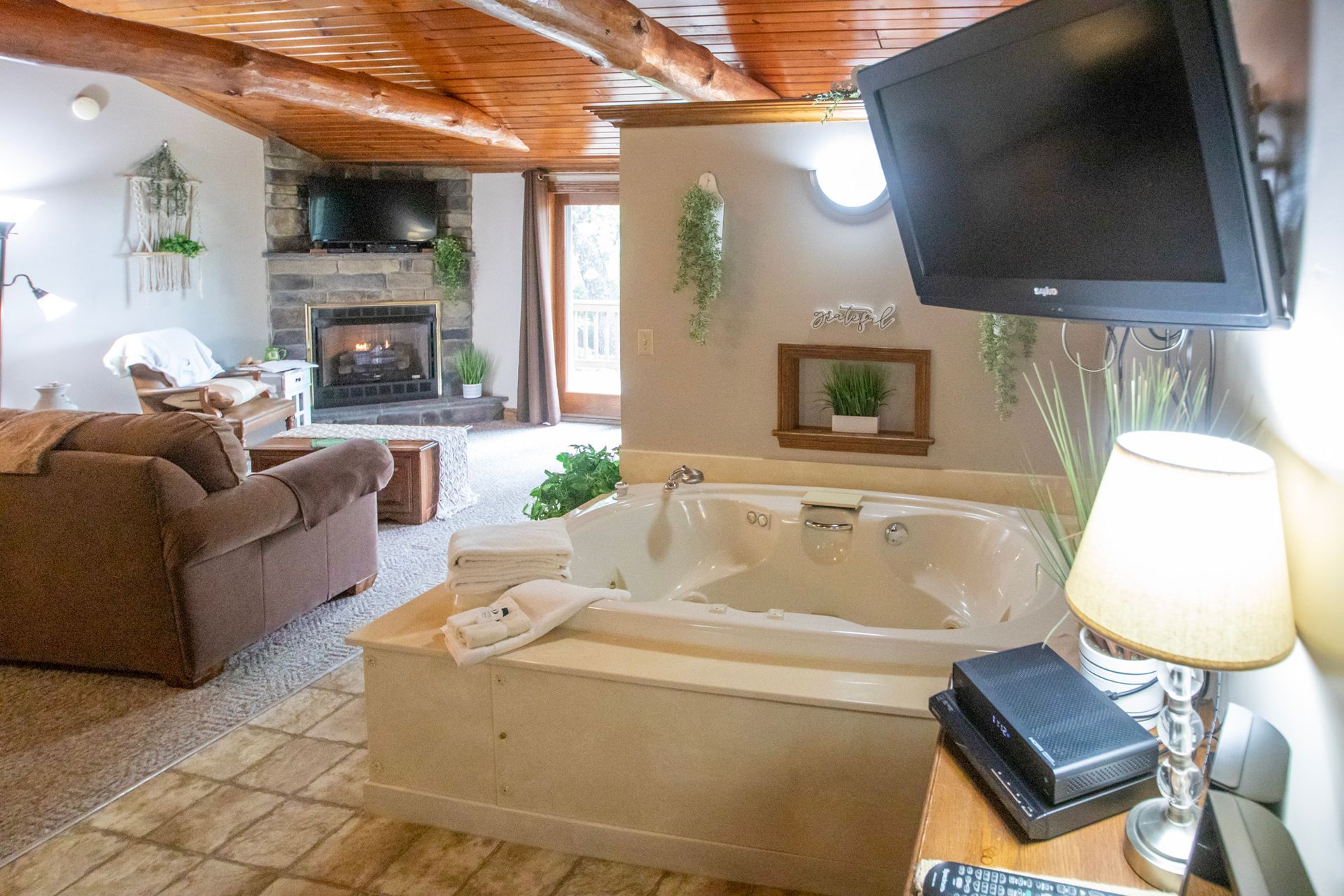 Cozy room with fireplace, jacuzzi, sofa, TV. Warm tones, wooden ceiling, and plants for decor.