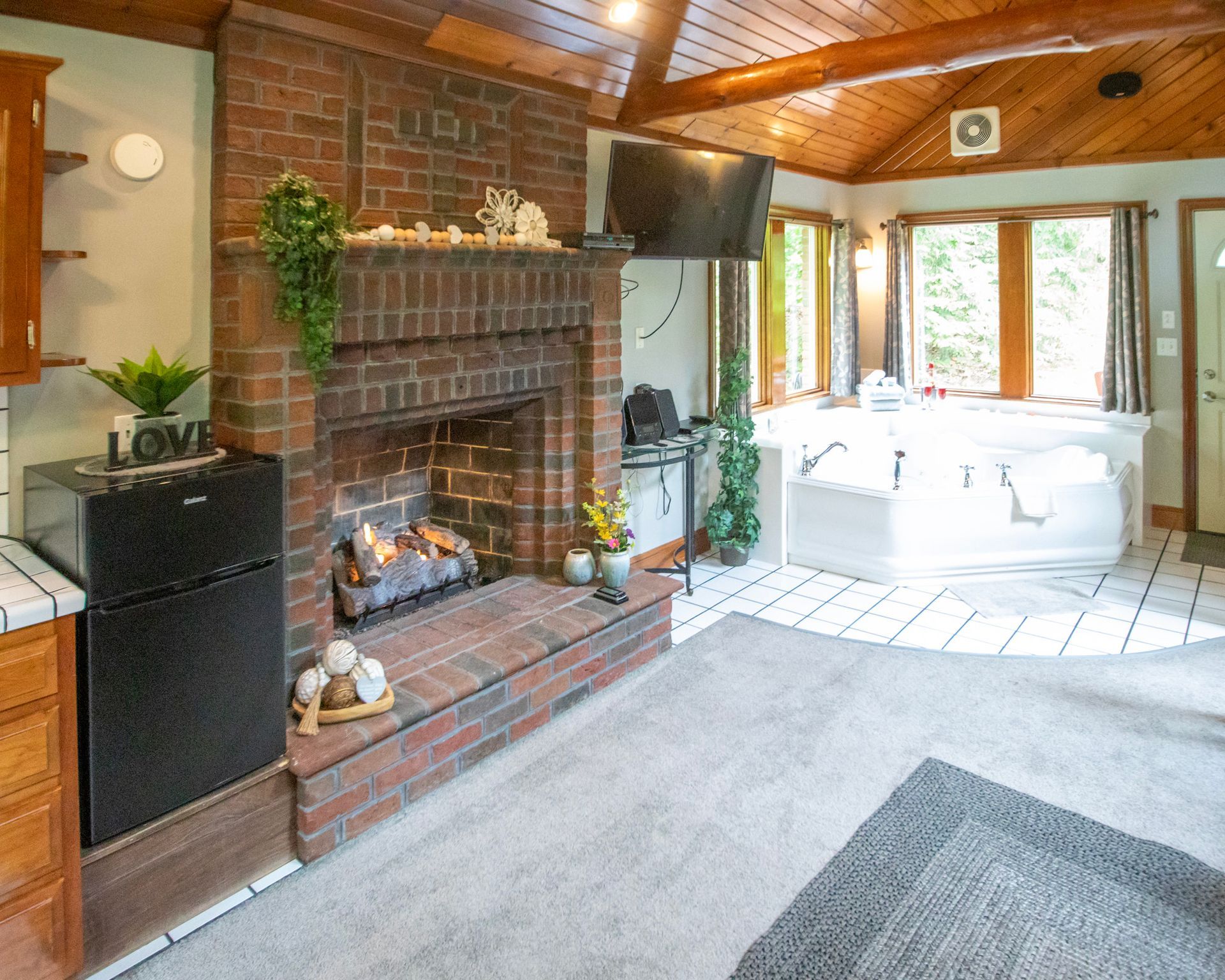 Cozy living room with brick fireplace, TV, and light-filled windows overlooking trees.
