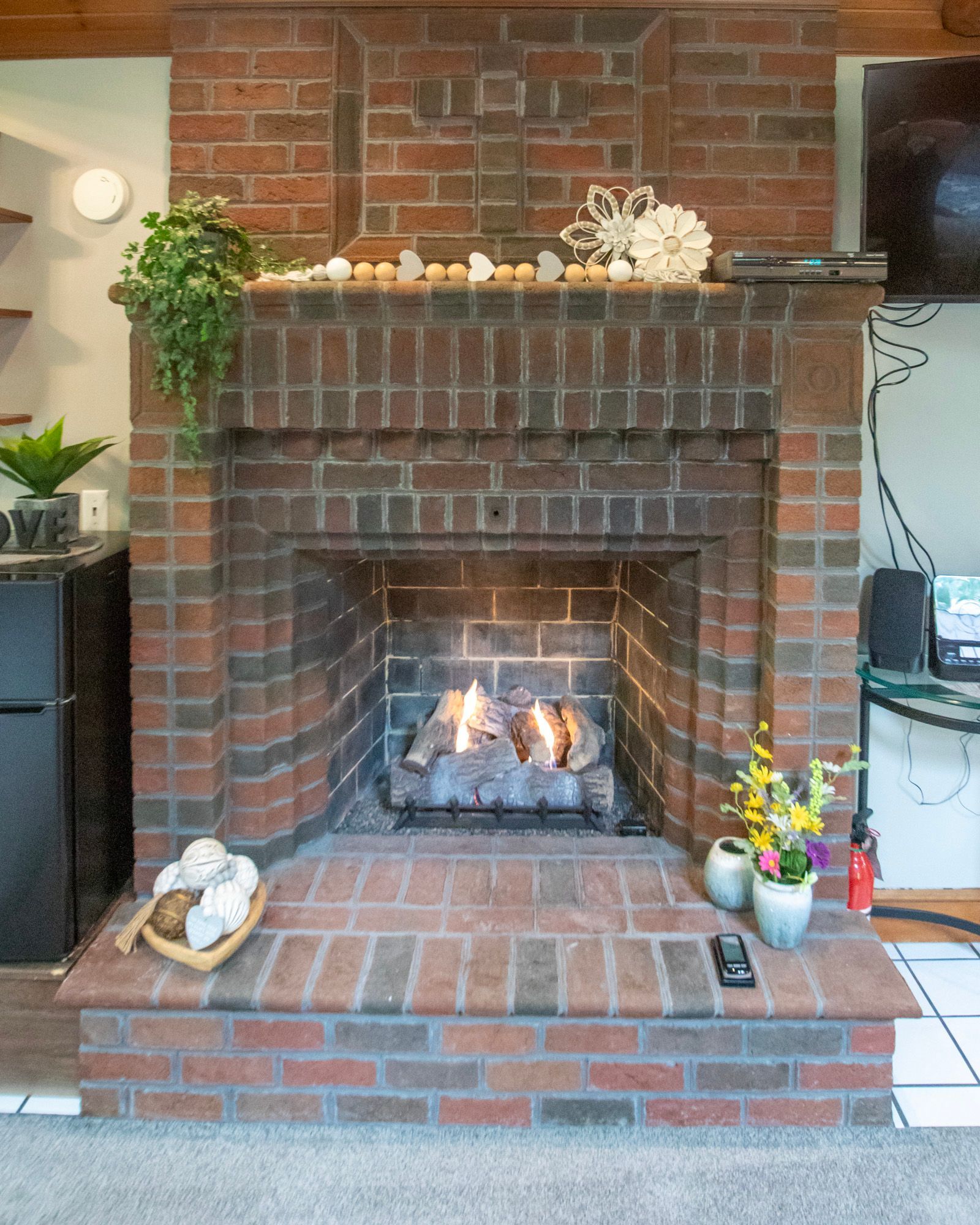 Brick fireplace with a burning fire, plants, and decorations.